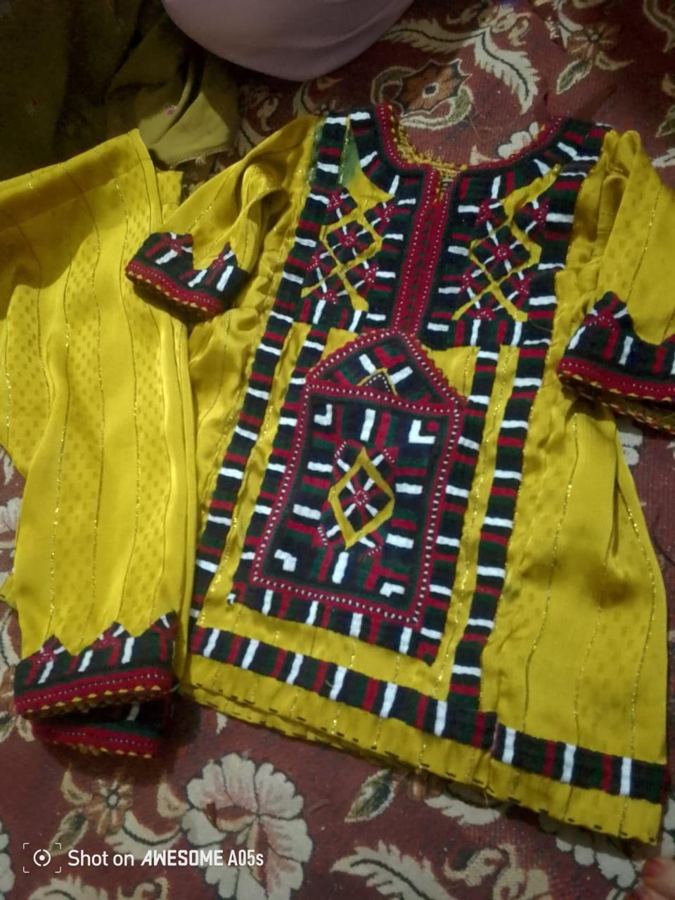 Small girls' mustard Balochi dress with embroidery