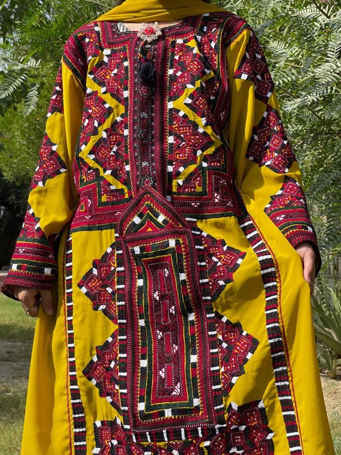 Mustard Balochi dress with maroon hand embroidery