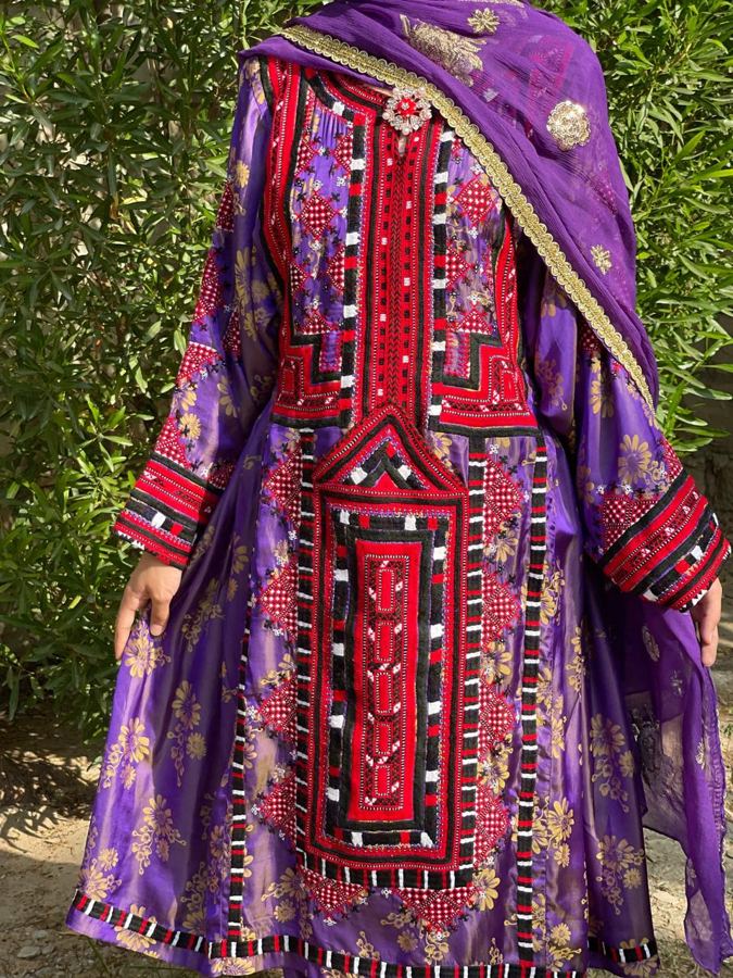Purple silk Balochi dress with red embroidery and dupatta