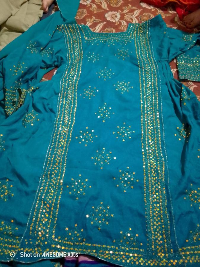 Teal Balochi dress with gold sequin work